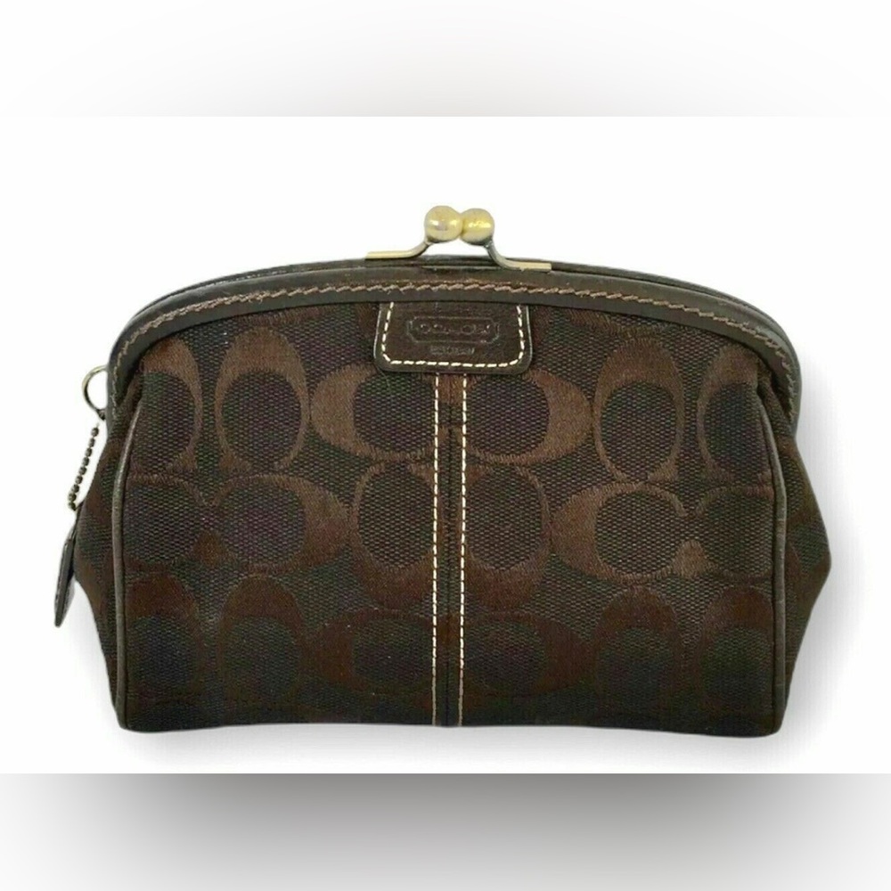 Vintage Coach Legacy Stripe Framed Beauty Pouch Chocolate Brown Kiss‑Lock 🤎🌈 - Picture 14 of 14